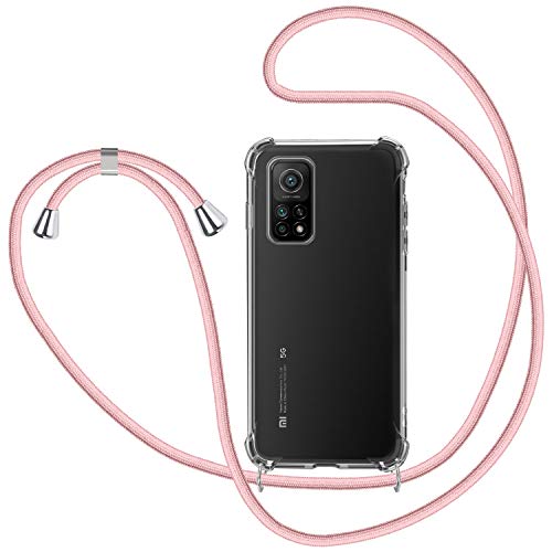 SAMCASE Funda con Cuerda para Xiaomi Mi 10T 5G/ 10T Pro 5G, Carcasa Transparente TPU Suave Silicona Case con Correa Colgante Ajustable Collar Correa de Cuello Cadena Cordón - Oro Rosa