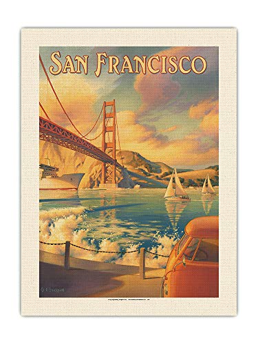 San Francisco, California - El Golden Gate - Marin Headlands - Póster Viajes de Kerne Erickson - Impresión de Arte de Lienzo ORGÁNICO Crudo 61x81cm