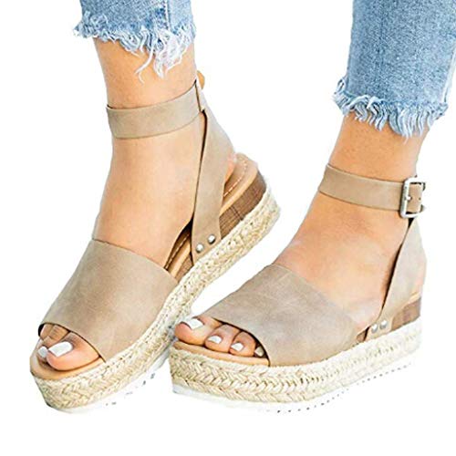 Sandalias Mujer Verano 2019 cáñamo Fondo Grueso Sandalias Punta Abierta Cuero Fondo Plano Zapatos Bohemias Romanas Hebilla Zapatillas Gris 35-43 riou