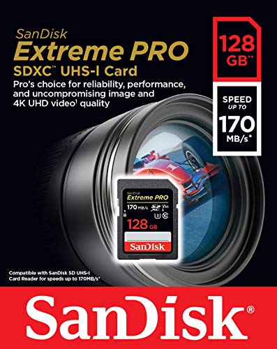 SanDisk Extreme PRO - Tarjeta de memoria SDXC de 128 GB, hasta 170 MB/s, UHS-I, Class 10, U3, V30