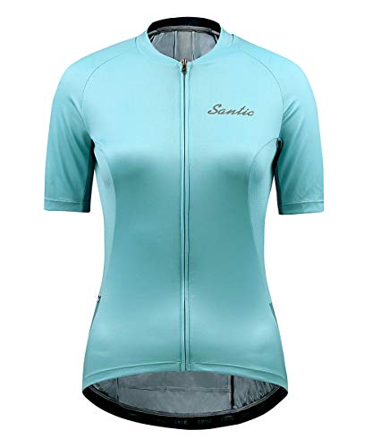 Santic Maillots Ciclismo Mujer Manga Corta Bicicleta Camiseta Jersey Tops Bolsillos Cremallera Transpirable Verano Azul L