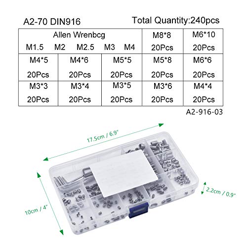 SANTOO 240 Piezas Tornillos Prisioneros de Cabeza Hexagona M3 M4 M5 M6 M8 Con llave Allen Pequeña M1.5 M2 M2.5 M3 M4, Juego de Tornillos de Acero Inoxidable