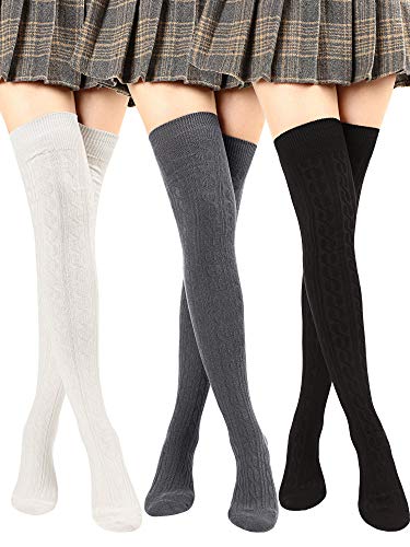 SATINIOR 3 Pares de Calcetines hasta Muslo Calcetines por Encima de Rodilla Muslo de Algodón Medias de Arranque de Punto Alto (Negro, Gris Oscuro y Blanco)