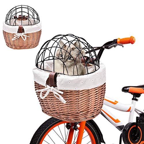 Schildeng Cesta de bicicleta tejida para perro, cesta delantera para manillar de bicicleta de mimbre pequeña para mascotas adultos niños niñas bicicleta