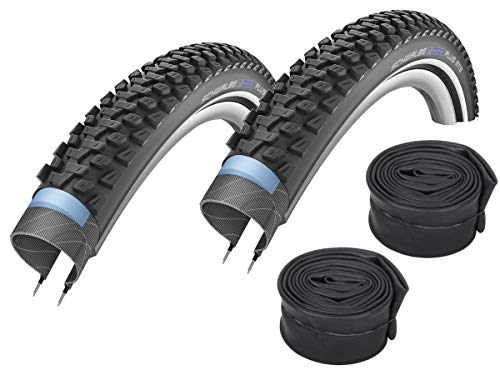 Schwalbe Marathon Plus - Juego de 2 neumáticos reflectantes para bicicleta de montaña (26 x 2,25 pulgadas, cámara de aire Schwalbe con válvula de coche)