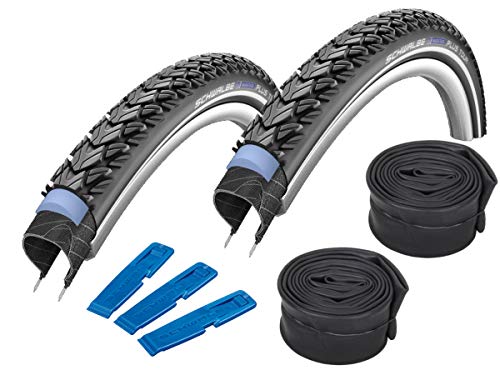 Schwalbe Marathon Plus Tour - Juego de 2 neumáticos para bicicleta de 26" (50-559) + 2 cámaras de aire AV 13 + cinta reflectante