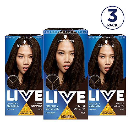 Schwarzkopf Live Colour + Moisture Brown Tinte para el cabello, 3 unidades de cuidado intenso permanente con Kera-Bond Plex, cubre grises, M05 Truffle Tempt