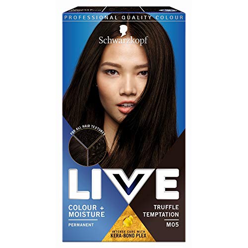 Schwarzkopf Live Colour + Moisture Brown Tinte para el cabello, 3 unidades de cuidado intenso permanente con Kera-Bond Plex, cubre grises, M05 Truffle Tempt