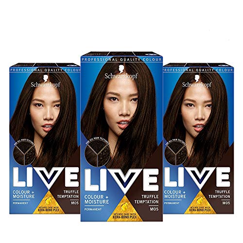 Schwarzkopf Live Colour + Moisture Brown Tinte para el cabello, 3 unidades de cuidado intenso permanente con Kera-Bond Plex, cubre grises, M05 Truffle Tempt