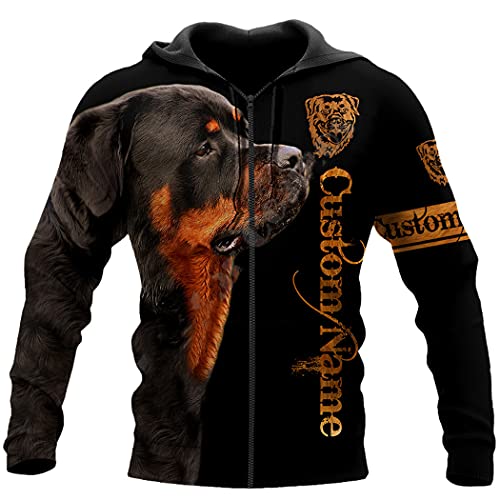 SDSVFG Hermoso Perro Rottweiler Negro con Capucha Impresa en 3D, Sudadera Unisex con Cremallera, chándal Informal, Sudadera Hombre