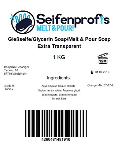 Seifenprofis Jabón Base de glicerina, Transparente (Libre de SLS) (1kg Transparente)