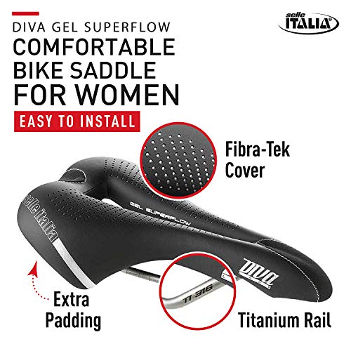 Selle Italia - Sillìn Bicicleta de Carretera Diva Gel Superflow, Rail TI 316 Tubo Ø7, Sillìn Road Gran Turismo Fibra-tek, Comfort Gel, Amortiguador
