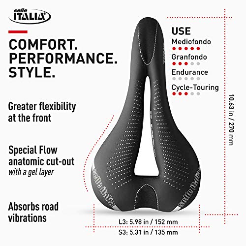 Selle Italia - Sillìn Bicicleta de Carretera Diva Gel Superflow, Rail TI 316 Tubo Ø7, Sillìn Road Gran Turismo Fibra-tek, Comfort Gel, Amortiguador