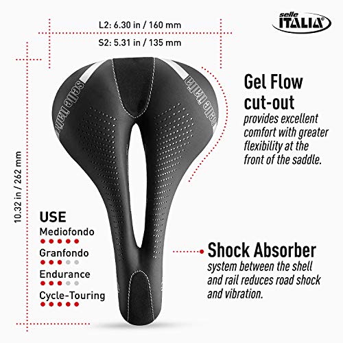 Selle Italia - Sillìn Bicicleta de Carretera Lady Gel Flow, Rail Manganese Tubo Ø7, Sillìn Road Gran Turismo Fibra-tek, Comfort Gel, Amortiguador (S2)