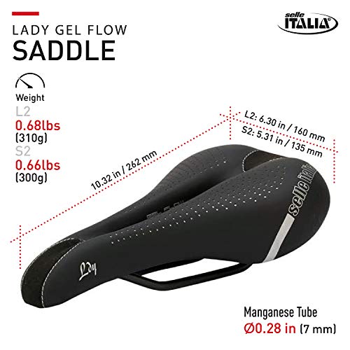 Selle Italia - Sillìn Bicicleta de Carretera Lady Gel Flow, Rail Manganese Tubo Ø7, Sillìn Road Gran Turismo Fibra-tek, Comfort Gel, Amortiguador (S2)