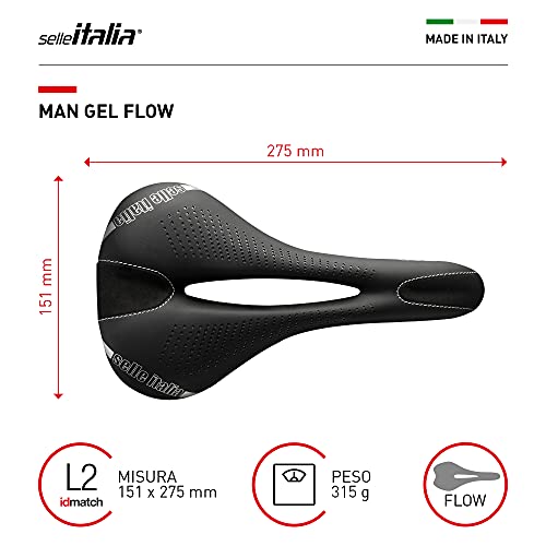 Selle Italia - Sillìn Bicicleta de Carretera Man Gel Flow, Rail Manganese Tubo Ø7, Sillìn Road Gran Turismo Fibra-tek, Comfort Gel, Amortiguador