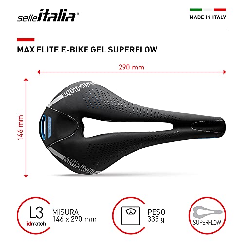 Selle Italia - Sillìn Bicicleta de Carretera MAX FLITE E-Bike Gel Superflow, Rail TI 316 Tubo Ø7, Sillìn Road Gran Turismo Fibra-tek, Comfort, Amortiguador