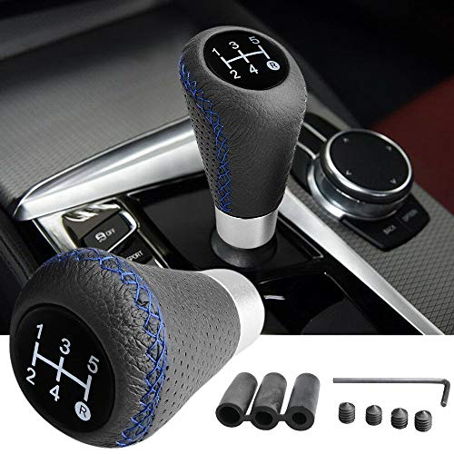 Semoss 5 Velocidades Pomo de Palanca de Cambios Cuero Auto Manual Caja Cambios Piel para la Mayoría de los Coches Camiones SUVs Furgonetas,Azul