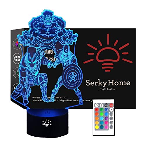 SerkyHome Luz nocturna de ilusión 3D para niños, 7 colores con mando a distancia, lámpara de mesa LED, Hulk-Ironman-Capitán América (Marvel Legends)