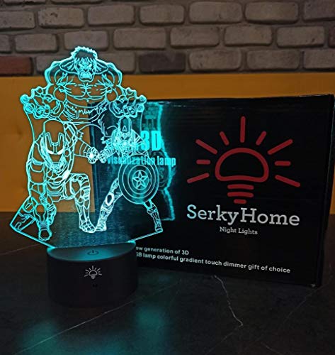 SerkyHome Luz nocturna de ilusión 3D para niños, 7 colores con mando a distancia, lámpara de mesa LED, Hulk-Ironman-Capitán América (Marvel Legends)