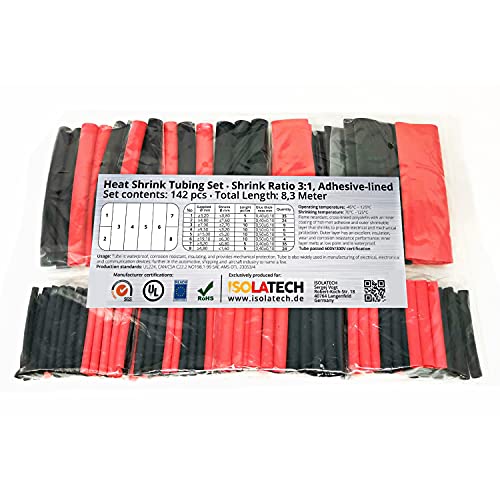 Set de 142 piezas de tubo termorretráctil 3:1 negro y rojo con pegamento interno. Longitud total de 8,3 m en una bolsa de polietileno. De ISOLATECH
