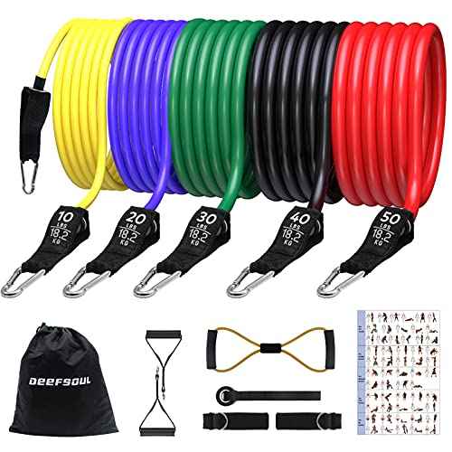 Set De Bandas De Resistencia Largo, DEEFSOUL 13 pcs Bandas De Resistencia Musculacion Profesional, Suma De Tensión hasta 150 Libras con Símbolo De Tensión para Hombres Y Mujeres Que Se Ejercitan