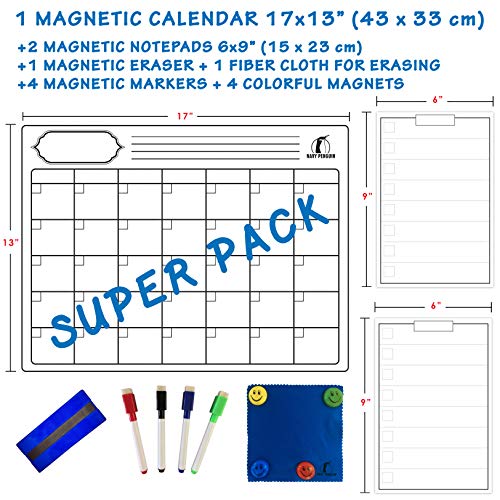 Set de Calendario Magnético Mensual - Grande Planificador Pizarra Blanca 43x33cm + 2 Listas de Compras + 1 Borrador, 1 Paño, 4 Rotuladores, 4 Imanes - Agenda Organizador para Nevera