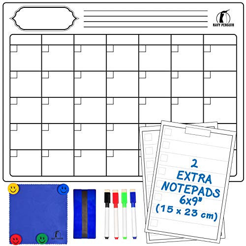 Set de Calendario Magnético Mensual - Grande Planificador Pizarra Blanca 43x33cm + 2 Listas de Compras + 1 Borrador, 1 Paño, 4 Rotuladores, 4 Imanes - Agenda Organizador para Nevera