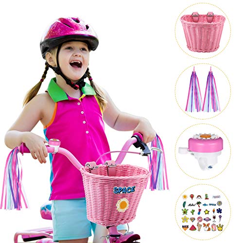 Set de Serpentinas Cesta de Bicicleta de Niños, Cesta de Mimbre de Manillar de Bicicleta con Campana Serpentina Colorida y Pegatinas, Kit de Accesorios de Decoración de Bici (Rosa)