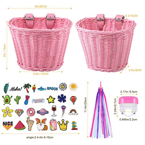 Set de Serpentinas Cesta de Bicicleta de Niños, Cesta de Mimbre de Manillar de Bicicleta con Campana Serpentina Colorida y Pegatinas, Kit de Accesorios de Decoración de Bici (Rosa)