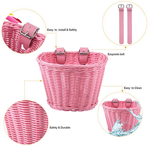 Set de Serpentinas Cesta de Bicicleta de Niños, Cesta de Mimbre de Manillar de Bicicleta con Campana Serpentina Colorida y Pegatinas, Kit de Accesorios de Decoración de Bici (Rosa)