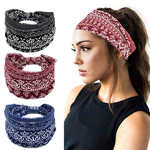 Sethexy Boho Venda Elástico Yoga Banda para la cabeza Suave Envoltura de la cabeza 3 piezas Deportes Wicking Sombreros Corriendo Pañuelo Banda para la cabeza para mujeres y niñas