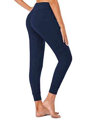 SEVEGO Leggings con Bolsillos Mujer Fitness Suaves Elásticos Cintura Alta para Reducir Vientre Transpirables Pantalones Jogger de Yoga Oscuro Azul XL