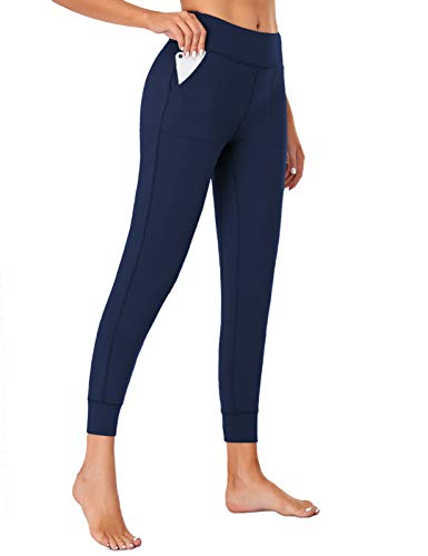 SEVEGO Leggings con Bolsillos Mujer Fitness Suaves Elásticos Cintura Alta para Reducir Vientre Transpirables Pantalones Jogger de Yoga Oscuro Azul XL