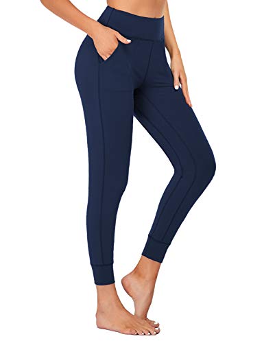 SEVEGO Leggings con Bolsillos Mujer Fitness Suaves Elásticos Cintura Alta para Reducir Vientre Transpirables Pantalones Jogger de Yoga Oscuro Azul XL