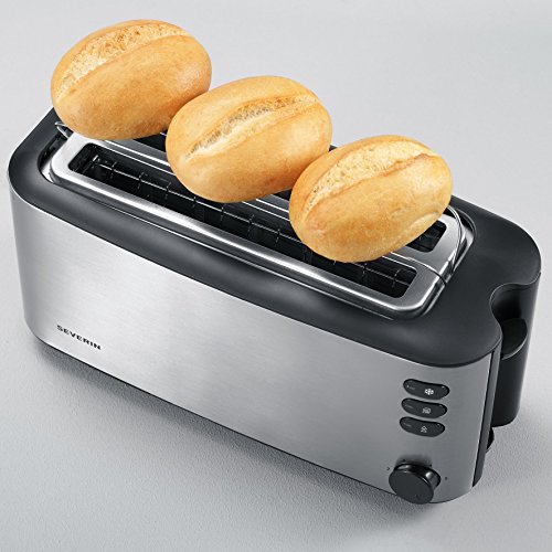 SEVERIN Tostadora automática, tostador largo con soporte para panecillos, tostadora doble de alta calidad, 1400 W de potencia, acero inoxidable cepillado y negro, AT 2509