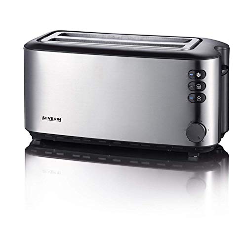 SEVERIN Tostadora automática, tostador largo con soporte para panecillos, tostadora doble de alta calidad, 1400 W de potencia, acero inoxidable cepillado y negro, AT 2509