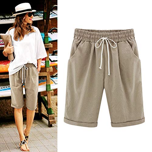 ShallGood Pantalones Cortos Mujer Básicos Color Sólido Bolsillos Verano Cinturón Delgado Cintura Alta Ocasionales Casual Short Yoga Pantalones Caqui 2X-Large