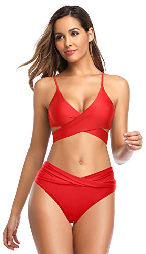 SHEKINI Mujer Bikini brasileño Sexy con Cuello en V Conjunto de Correa Cruzada Traje de baño de Dos Piezas Cintura Baja Bikini Plegado Traje de baño Traje de baño