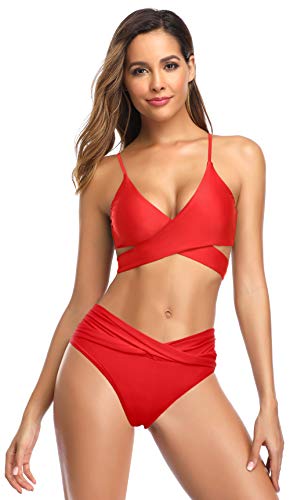 SHEKINI Mujer Bikini brasileño Sexy con Cuello en V Conjunto de Correa Cruzada Traje de baño de Dos Piezas Cintura Baja Bikini Plegado Traje de baño Traje de baño