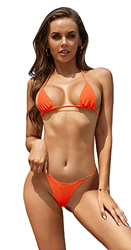 SHEKINI Mujer Dos Piezas Bikini Set Micro Copa Pequeña Triángulo Bikini Top Ties-up Ajustable Bañador de Dos Piezas Tanga Cintura Baja Brasileñas Bikini Bottoms (Naranja Fluorescente, S)