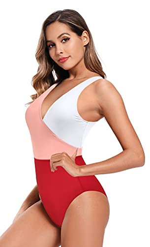 SHEKINI Mujer Traje de Baño de una Pieza Cuello de V Elegante Bikini Sport Chic Delgado Ajustable Bañador Bikini de Playa de Verano Swimwear (Rojo, M)