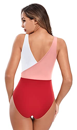 SHEKINI Mujer Traje de Baño de una Pieza Cuello de V Elegante Bikini Sport Chic Delgado Ajustable Bañador Bikini de Playa de Verano Swimwear (Rojo, M)