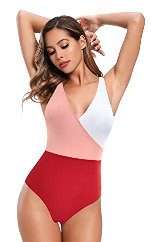 SHEKINI Mujer Traje de Baño de una Pieza Cuello de V Elegante Bikini Sport Chic Delgado Ajustable Bañador Bikini de Playa de Verano Swimwear (Rojo, M)