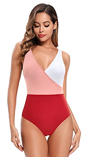SHEKINI Mujer Traje de Baño de una Pieza Cuello de V Elegante Bikini Sport Chic Delgado Ajustable Bañador Bikini de Playa de Verano Swimwear (Rojo, M)