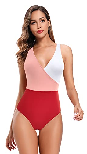 SHEKINI Mujer Traje de Baño de una Pieza Cuello de V Elegante Bikini Sport Chic Delgado Ajustable Bañador Bikini de Playa de Verano Swimwear (Rojo, M)