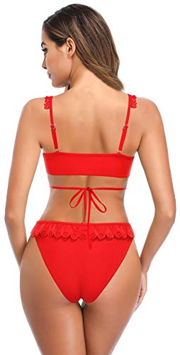 SHEKINI Mujer Traje de Baño Dos Piezas Ajustable Cruzar Ties up Elegante Volante Bikini Top Mujer Bañador Sexy Cintura Baja Triángulo Parte Inferior de Bikini (M, Rojo B)