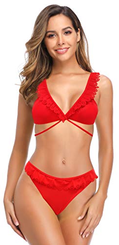 SHEKINI Mujer Traje de Baño Dos Piezas Ajustable Cruzar Ties up Elegante Volante Bikini Top Mujer Bañador Sexy Cintura Baja Triángulo Parte Inferior de Bikini (M, Rojo B)