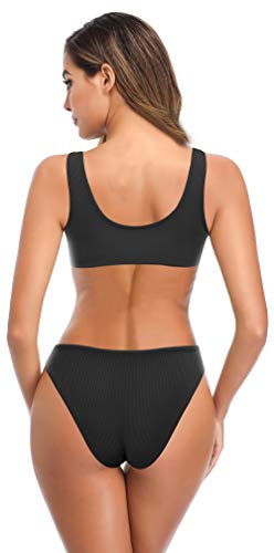 SHEKINI Mujer Traje de Bikini de Brasil Traje de baño de Dos Piezas Chaleco de baño Deportivo Pantalones Cortos de Bikini en Forma de V Ropa de Playa de Tiro bajo (S, Negro)