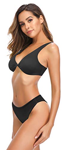 SHEKINI Mujer Traje de Bikini de Brasil Traje de baño de Dos Piezas Chaleco de baño Deportivo Pantalones Cortos de Bikini en Forma de V Ropa de Playa de Tiro bajo (S, Negro)